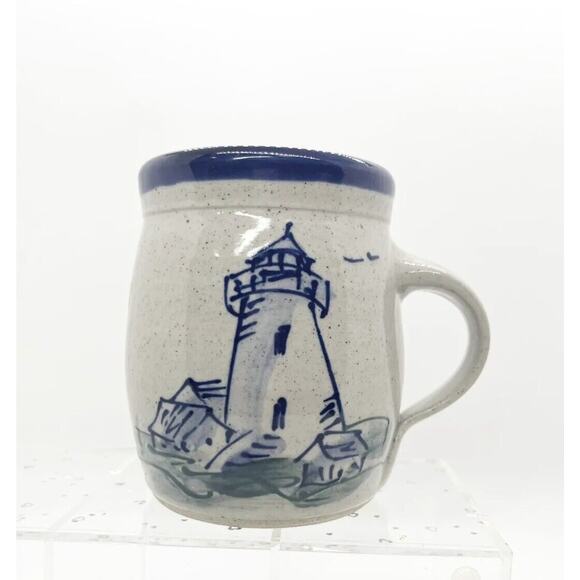 Great Bay Pottery Lighthouse Coffee Mug Blue Interior Handmade USA Signed - Picture 1 of 5